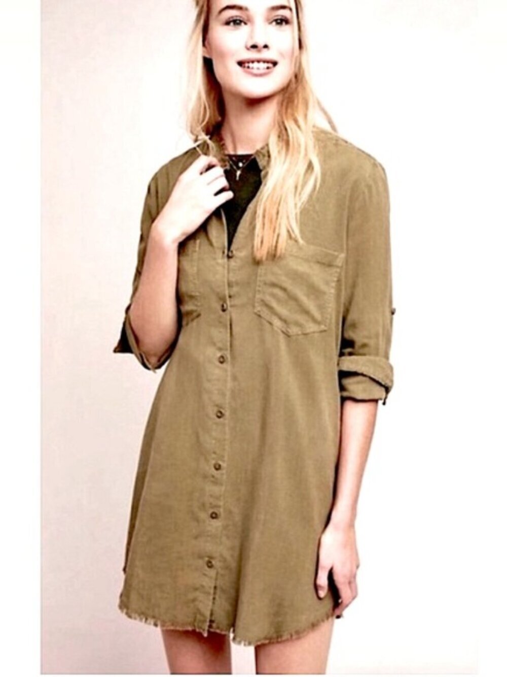 Anthropologie Cloth & Stone Tencel Olive Green Fringe Tunic Shirt Dress sz XS